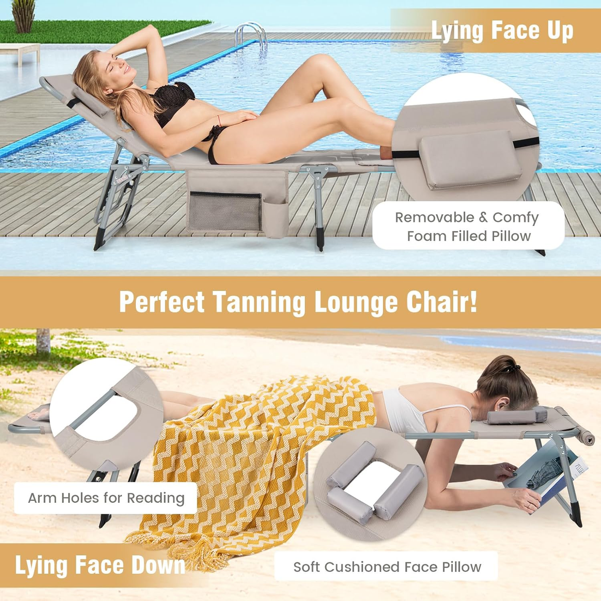 Sofa Bed Oversized Tanning Chair With Face Hole, Portable Chaise