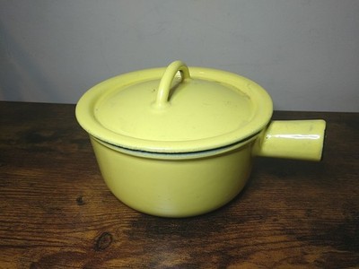 Vintage Fe Belgium Descoware Mustard  Yellow Enamel Cast Iron Sauce Pot & Lid