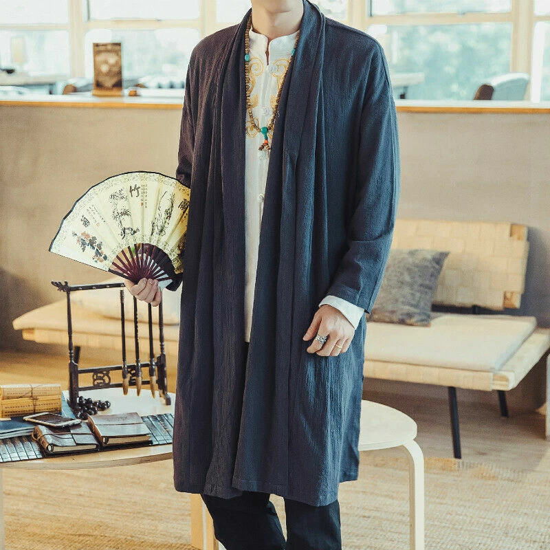 Men Cotton Linen Kimono Loose Coat Yukata Japanese Jacket Long Bathrobe - Image 2 of 4