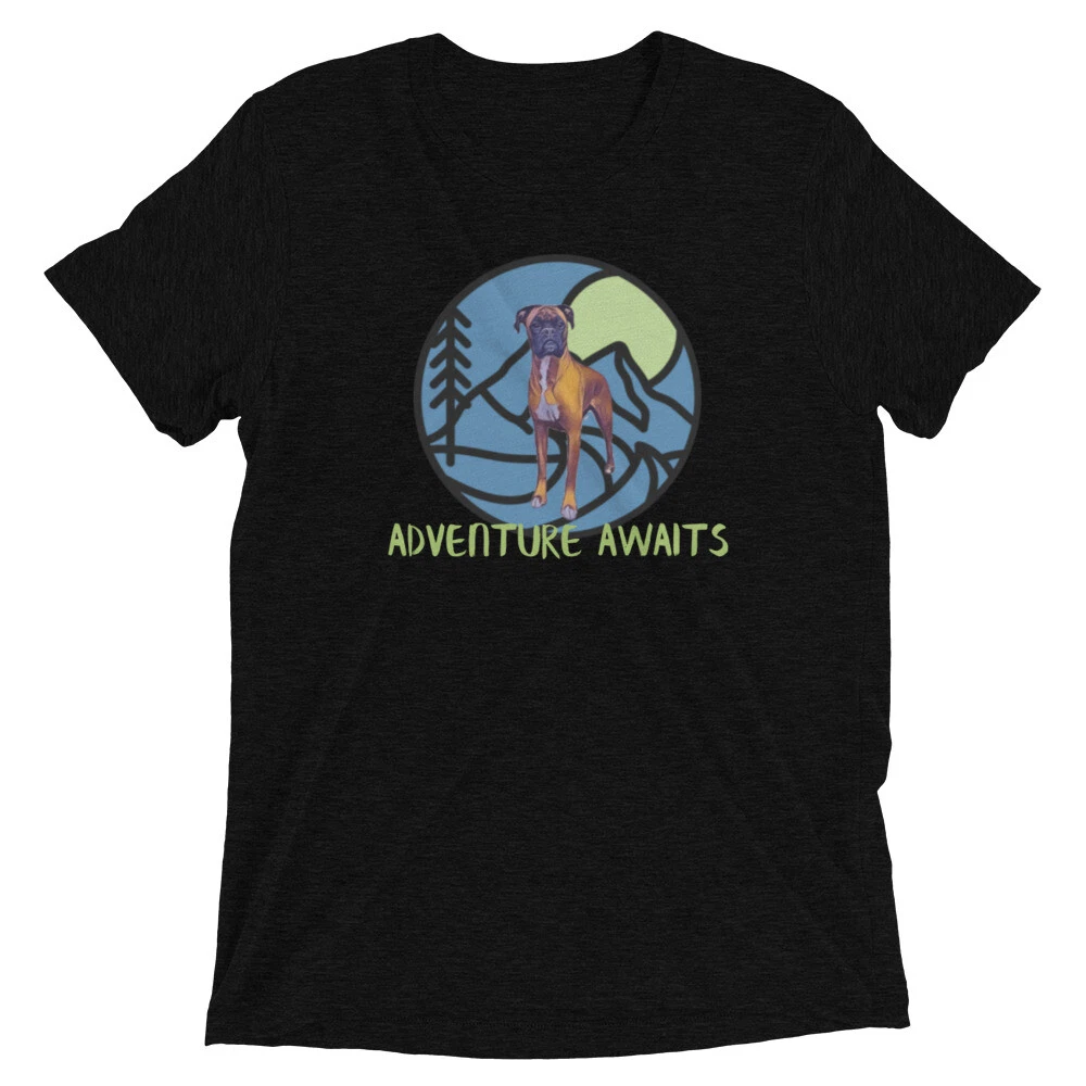 Adventure Awaits- Mountain t-shirt, hiking, camping, dog, boxer, wilderness,