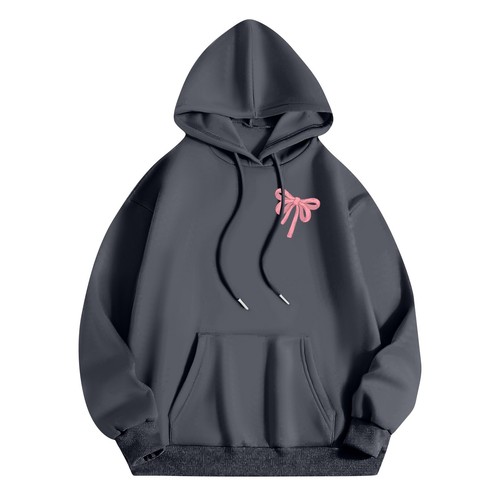 Women's Fashion Long Sleeve Letter Bow Printed Hooded Drawstring Sweatshirt - Picture 19 of 42
