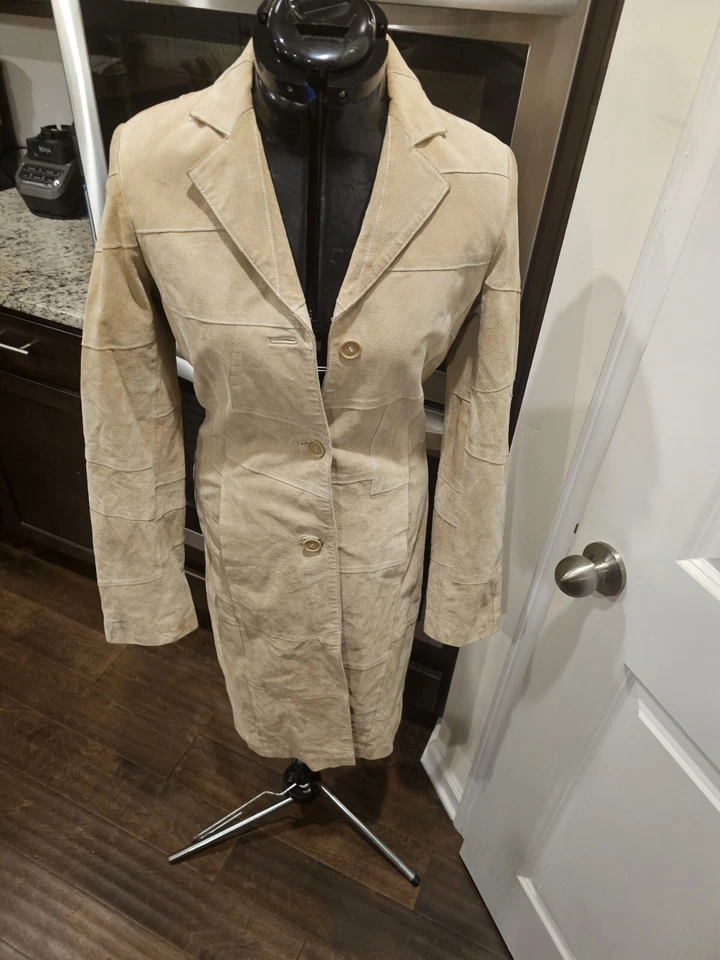 罕见复古湿封棕色棕褐色皮革麂皮绒拼布风衣冬季外套小号 — 第 2/4 张图片