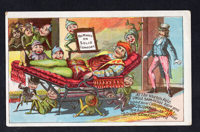 1893 Trade Card MARK's Folding Chair Uncle Sam Christopher Columbus Worlds Fair