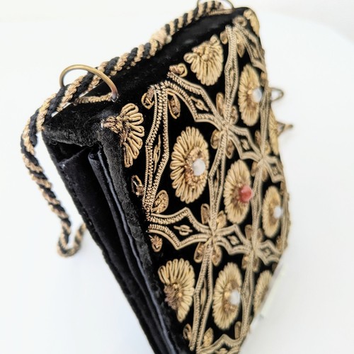 Zardozi Embroidery Vintage Evening Shoulder Bag Black/Gold Velvet/Stone 5x5 in - Picture 10 of 19