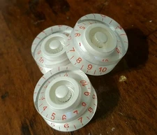 3 JAT Red Numbered Volume/Tone Guitar Speed Knobs... Pearl White.. JAT C.G.P 