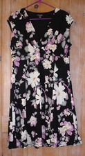Chaps by Ralph Lauren Black floral print Pleated V-neck Jersey  DRESS Size XL