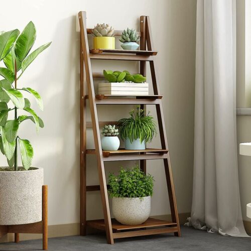 4 Tier Foldable Ladder Plant Stand Flower Pot Rack Wooden Shelf Display Holder - Picture 3 of 22