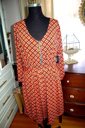 Women's Sz 1X Tacera Stretch Dress, Front Zip Self Tie NEW