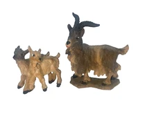 Vintage Walter Stahli Hand Carved Wood Mountain Goat Miniatures 2 Pc Mother Kids