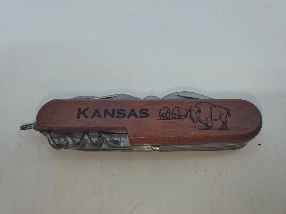 Multi-tool Pocket Knife Frank Kansas Buffalo Engraved  On Wood  Handle