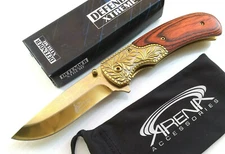 Classy Gold Honeysuckle Scrollwork Spring Assisted Wood Handle EDC Pocket Knife