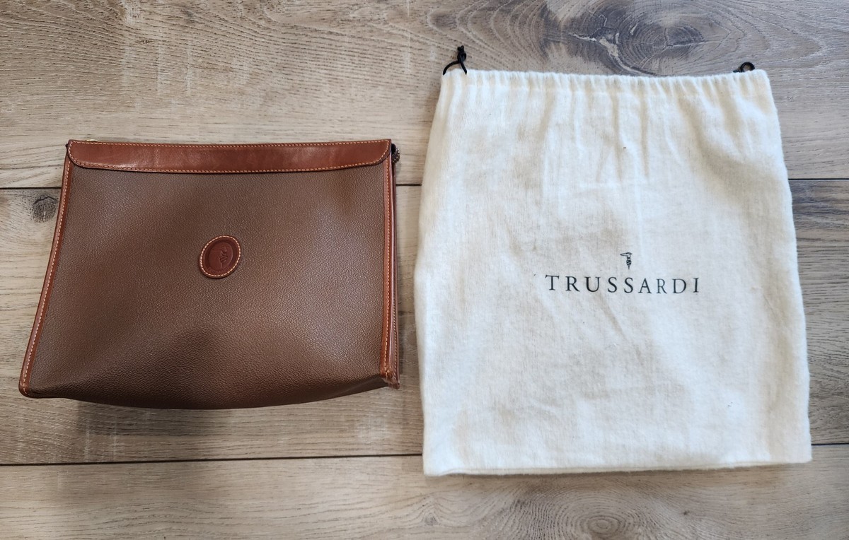 Brand New Trussardi Vintage Leather Clutch Hand Bag in Brown Color Italy