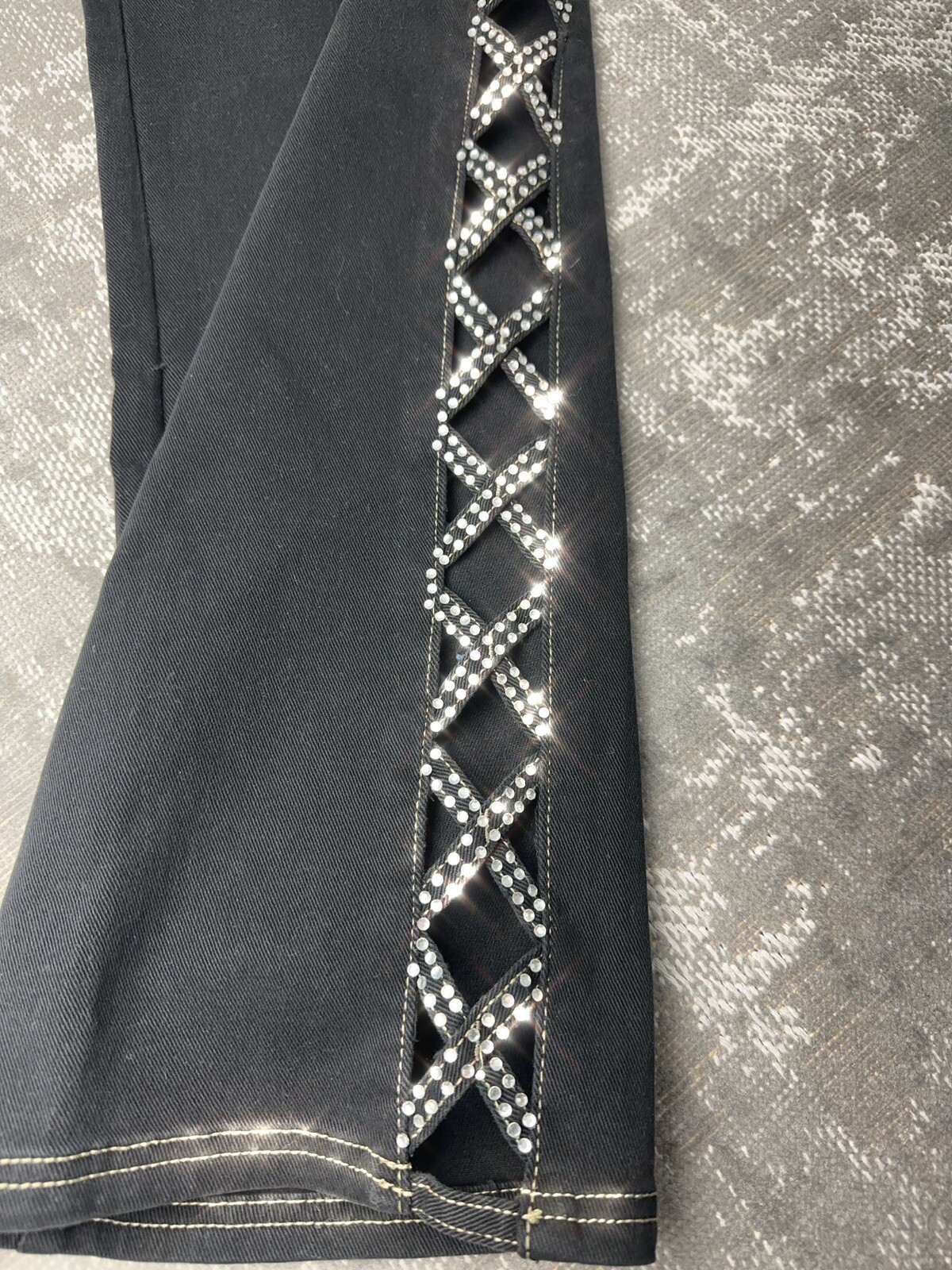 NOS Platinum Plush Jeweled Open Sides Black Denim Jeans Rhinestones ...