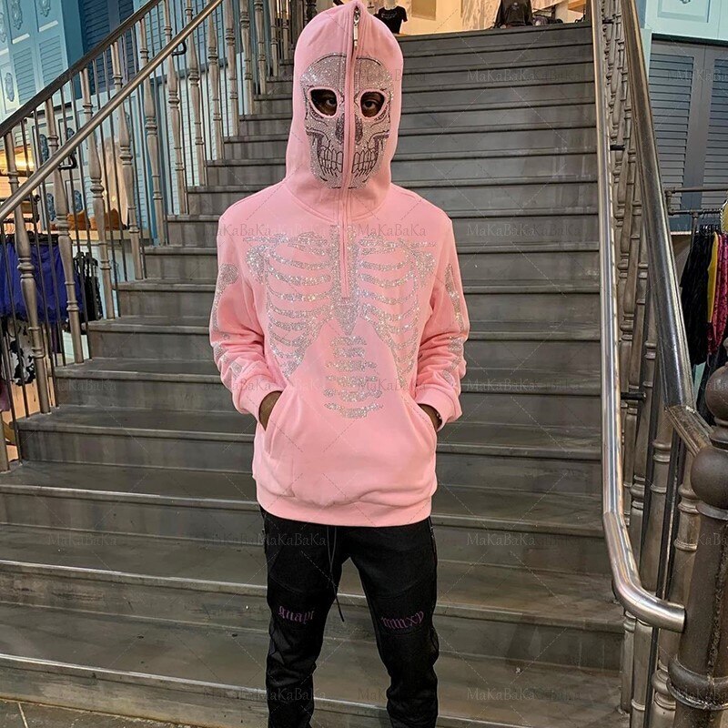 Rhinestone Skeleton Fashion Gothic Men Women Pink Hoodie Sweatshirt Zip  Jacket | eBay