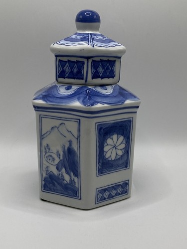 Vintage chinesisches blau-weiß bemaltes Porzellan Sechseck Ingwerglas - Bild 3 von 8