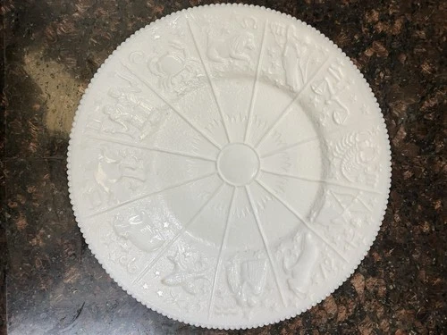 vintage Westmoreland milk glass serving platter with beaded edge  zodiac design
