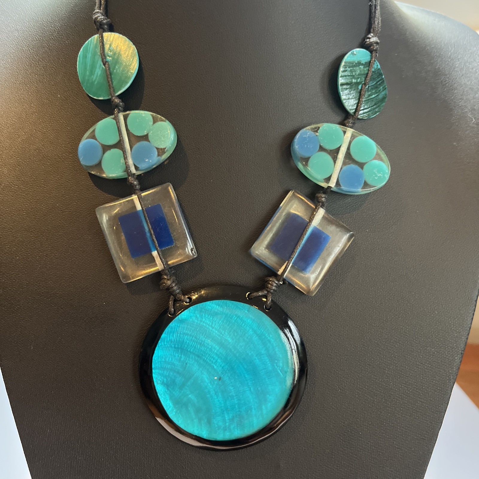 Statement Acrylic Blue Black Arty Mod Boho Neckla… - image 1