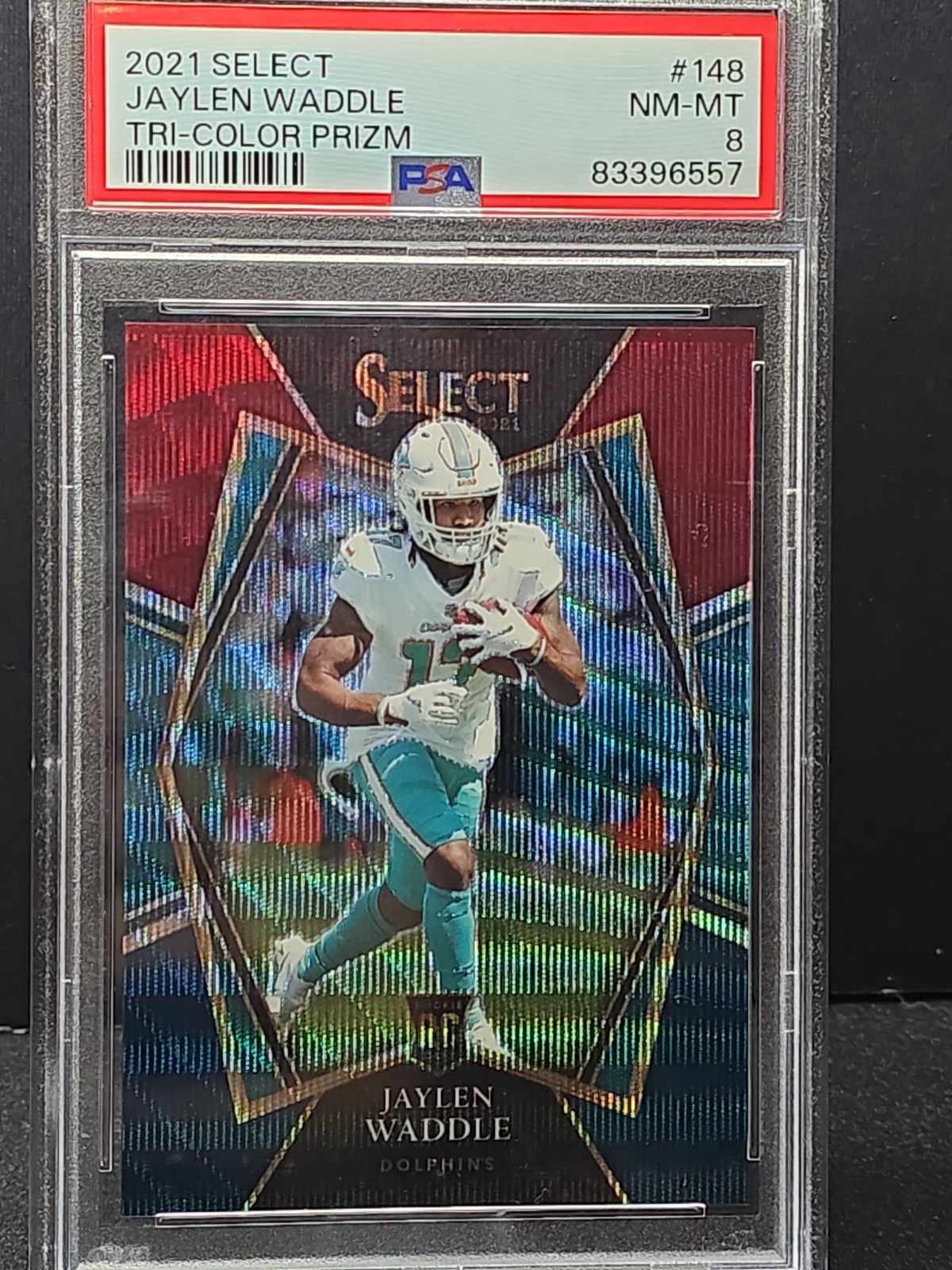 2021 Panini Select Tri-Color Prizm Jaylen Waddle RC 199/199 PSA 8. BOOKEND