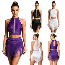 US YiZYiF Women Latin Crop Top Fringe with Tiered Skirt Outfit Competition Dance