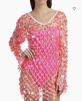 Milly Cabana NWT White Crochet Pink Sequin Pullover Mini Dress Size Small Beachy