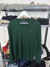 Polo Ralph Lauren V Neck Sweater Dark Green Knit Jumper Pony Logo Size M