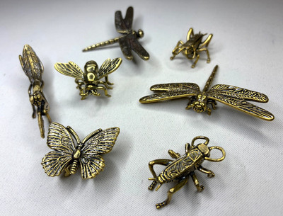 7pc Vintage Brass Insect Figurines Lot Butterfly Dragonfly Bee Cricket Tea Pet