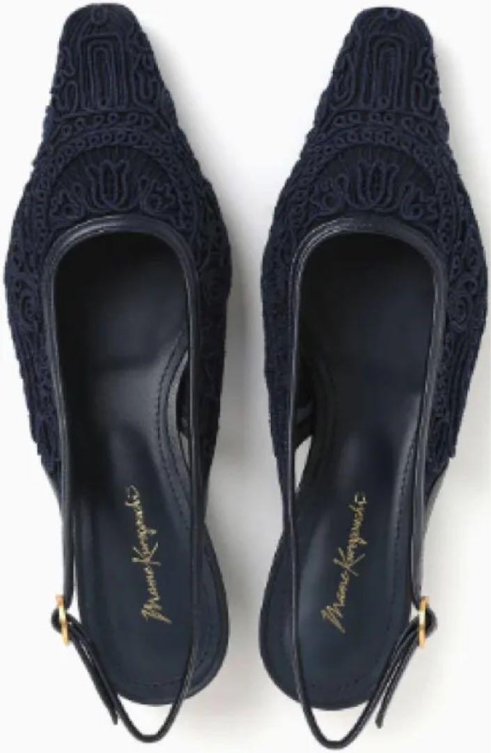 Mame Kurogouchi Navy Slingback Heels Embroidery Pumps 23.5cm