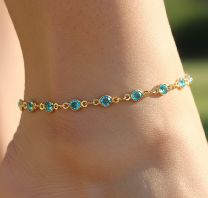 Elegant Gold Tone Anklet 18K Gold plated Minimalist Chain Anklet Sky Blue