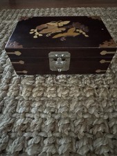 Vintage Jewelry Box Marquetry Butterfly Inlay Mirror Velvet Lined Turtle Latch