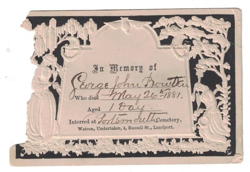1881 FUNERAL MOURNING CARD IN MEMORY GEORGE J. BOWTEU AGED 1 DAY PORTSMOUTH UK