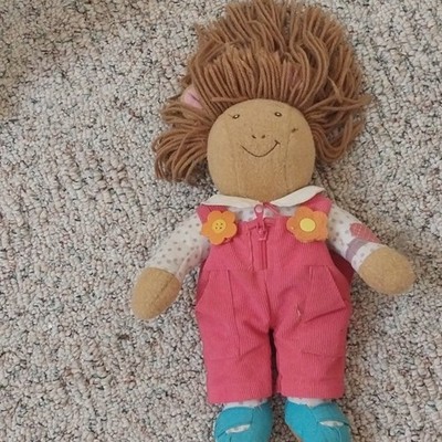 Soft Plush Rag Doll, Brown Yarn Hair, Pink Overalls, Blue Shoes, Small 6-14 in