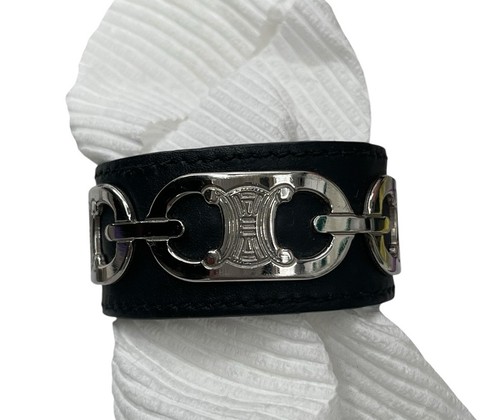 Celine Triomphe Bracelet Black Leather Cuff Silver Hardware