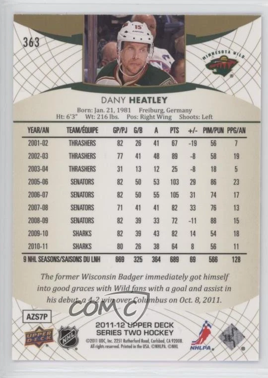 2011-12 Upper Deck High Gloss UD Exclusives /10 Dany Heatley #363 - Image 2 of 2