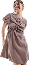 BNWT ASOS DESIGN puff sleeve mini smock dress with ruching detail in Mocha Uk10