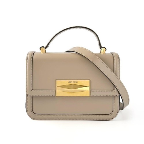 Jimmy Choo Diamond Top Handle 2Way Taupe Calf Leather Handbag Shoulder Gold Auth