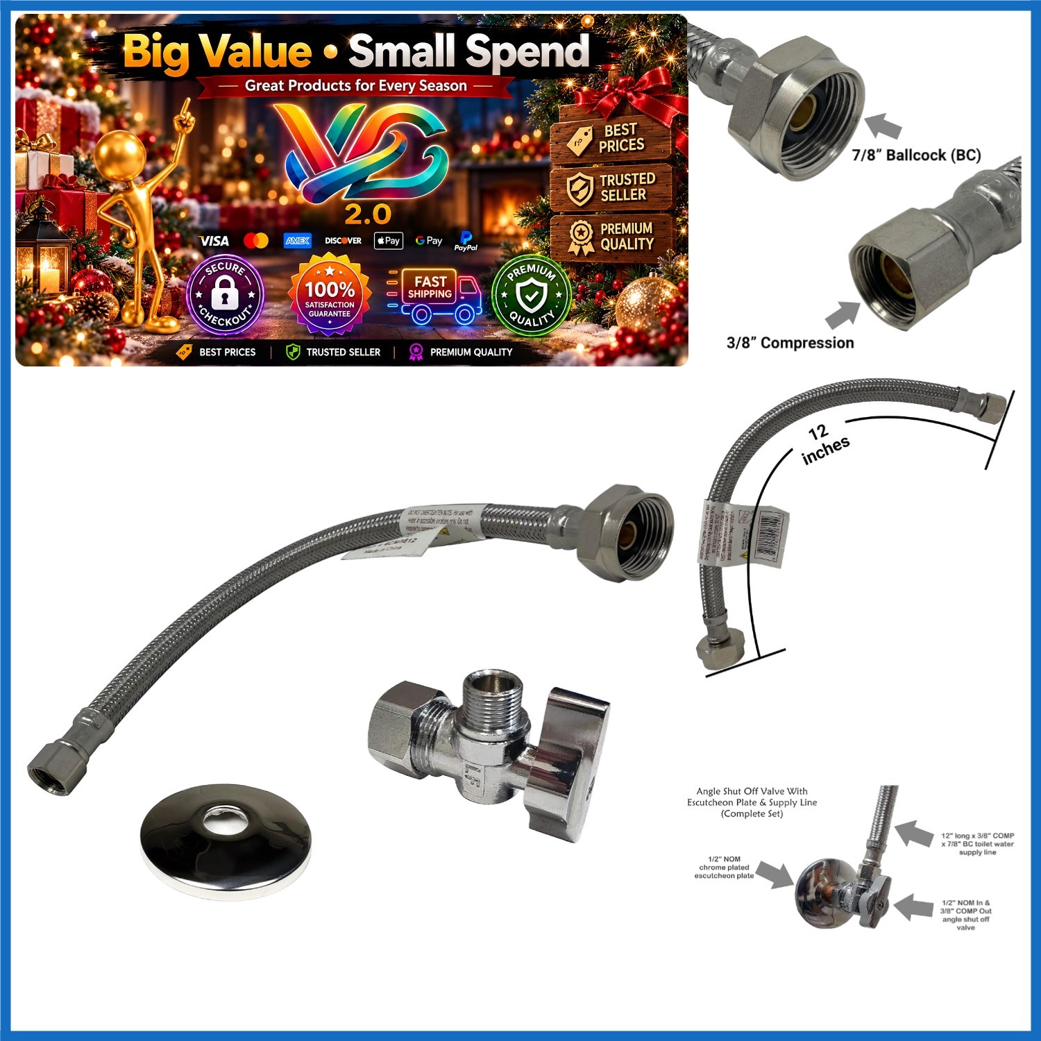 Complete Toilet Shut-Off Kit 1/2" NOM x 3/8" OD Chrome Brass Supply Line