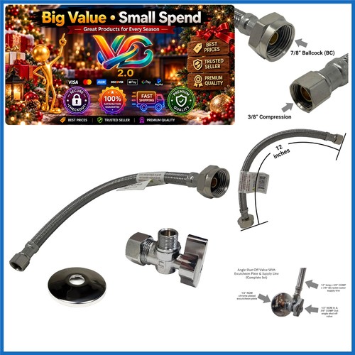 Complete Toilet Shut-Off Kit 1/2" NOM x 3/8" OD Chrome Brass Supply Line