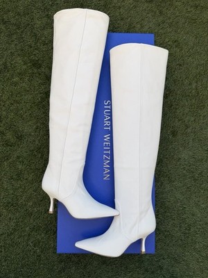 STUART WEITZMAN NAOMI LEATHER IVORY WHITE ZIP OVER KNEE BOOTS WIDE CALF 36.5
