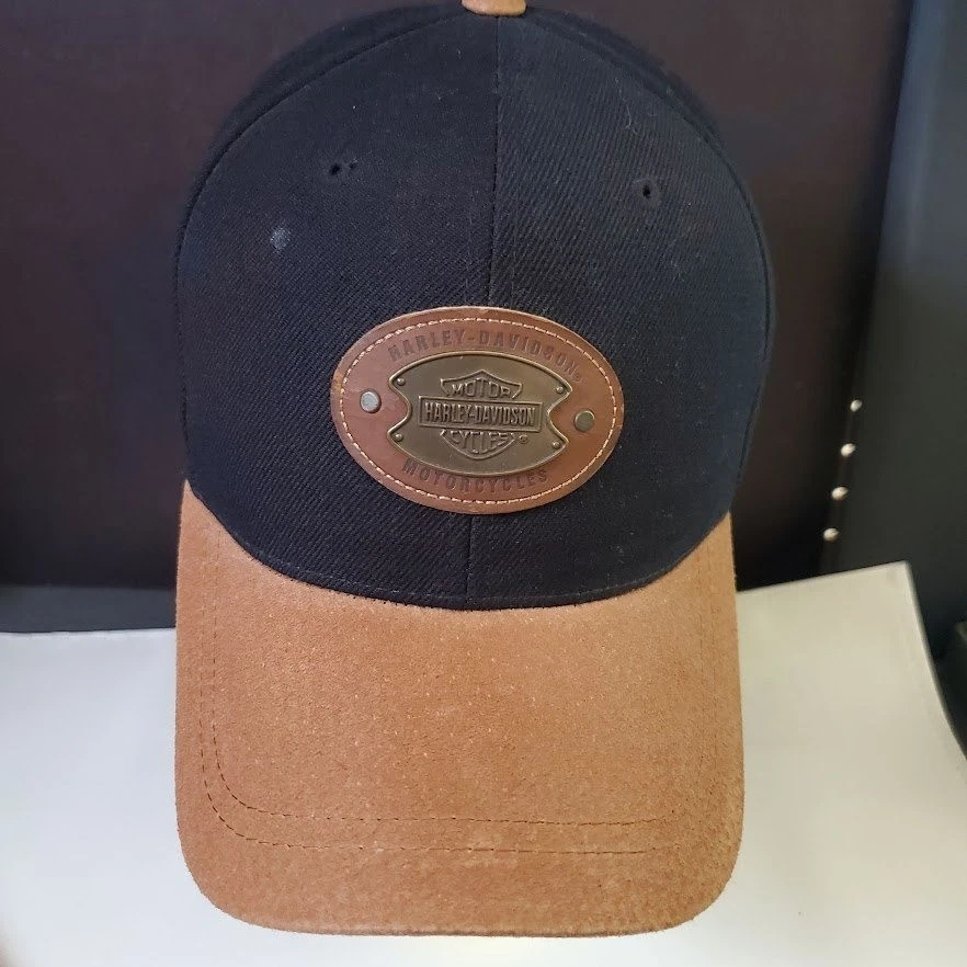 HARLEY-DAVIDSON Flex Fit Baseball Cap Black Brown Leather Patch Logo Hat L XL