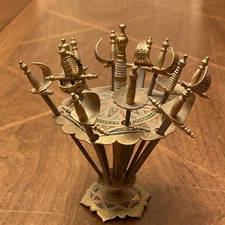 Set of 12 Toledo Miniature Sword Cocktail Pick Gold-Toned w/ Stand Spain Vintage