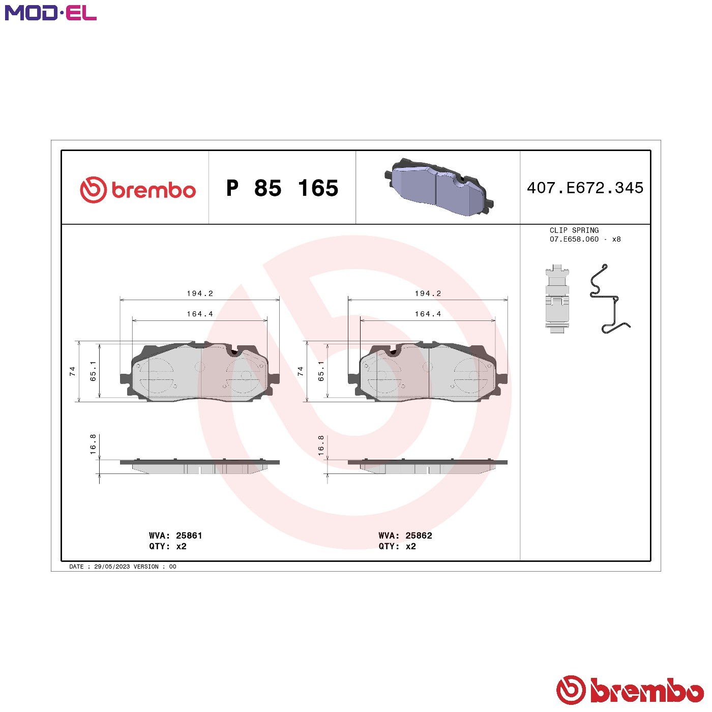 BRAKE PAD SET DISC BRAKE P 85 165X FOR VW AUDI A4/Allroad A5/Sportback Q5/SUV