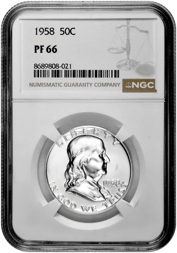 1958 50C Proof Silver Franklin Half Dollar NGC Graded PF 66 in New Holder