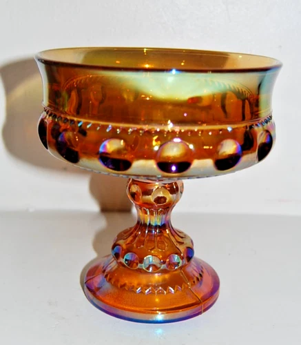 VTG Amber Carnival Glass Compote Dish – Iridescent Marigold Pedestal Candy Bowl