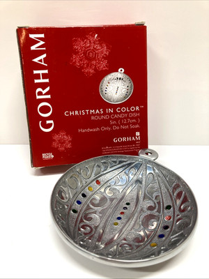Gorham Christmas In Color Round Metal Trinket Candy Dish Original Box 5''