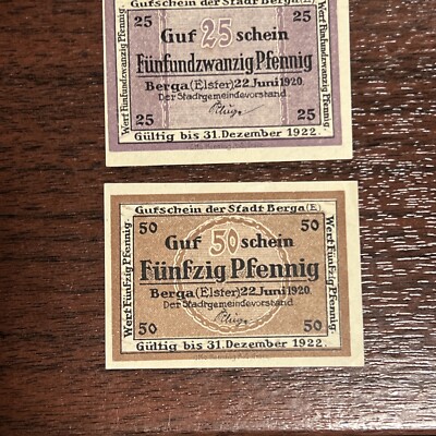 1922 CU 25 & 50 Gufschein Funfzig Pfennig. Berga Elster 100 Yr Old ...