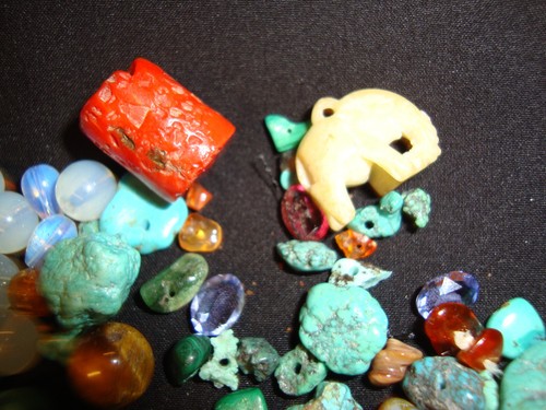 Bead Lot  Opal-turquoise glass foiled yayin beads few pendents carnelian hart