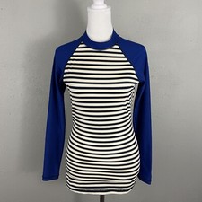 J Crew Long Sleeve Rash Guard Womens S Striped Cream Blue Raglan Zip Swim Top
