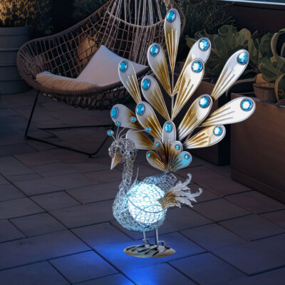 LED Solar Pfau Deko Garten Leuchte Außen Lampe Terrassen Veranda Beleuchtung 