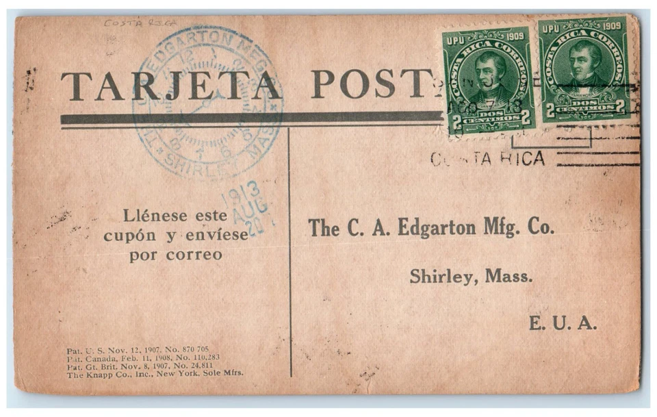 1913 The CA Edgarton Manufacturing CO. MA Adoch & Bros Costa Rica Postal Card - Image 2 of 2