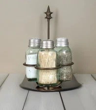 Salt, Pepper Toothpick with Caddy Colonial Tin Works Fleur de Lis Mason Jar